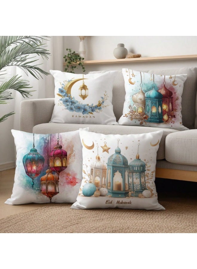 4 قطع طقم أغطية وسادة تزيينية لشهر رمضان الكريم والعيد، بتصميم مائي بسيط للقمر والفوانيس، من قماش الفلوت الناعم بألوان ساحرة، مقاس 45*45 سم، مناسبة للغرفة والأريكة وغرفة المعيشة وديكور رمضان والعيد - Image 2